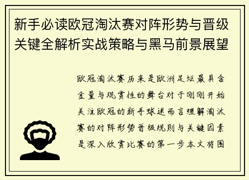 新手必读欧冠淘汰赛对阵形势与晋级关键全解析实战策略与黑马前景展望